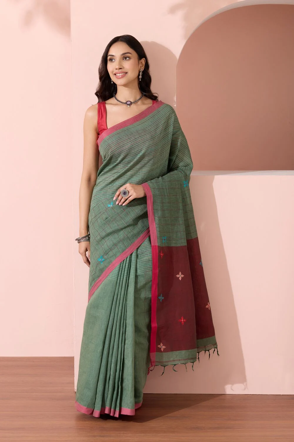 Dark Green Bengal Pure Cotton Kantha Embroidered Saree with Unstitched Blouse Piece